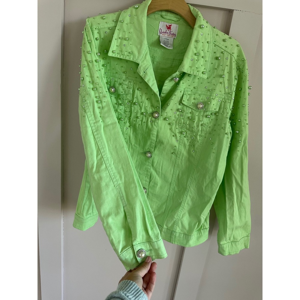 Quacker Factory Lime Green Pearl Rhinestone Denim Jacket Womens Large Neon lime - Picture 4 of 8